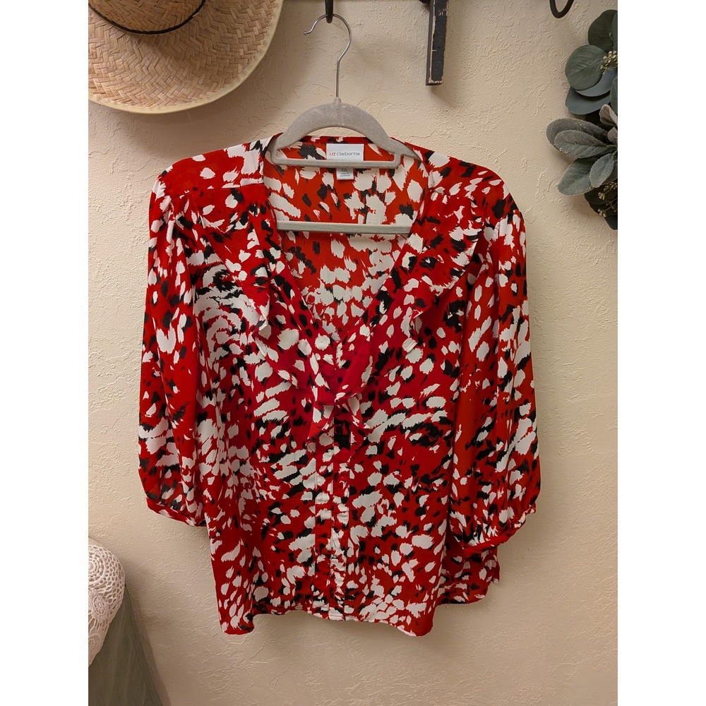 Liz Claiborne Women's Red‎ Black White Abstract V-Neck 3/4 Sleeve Blouse XXL